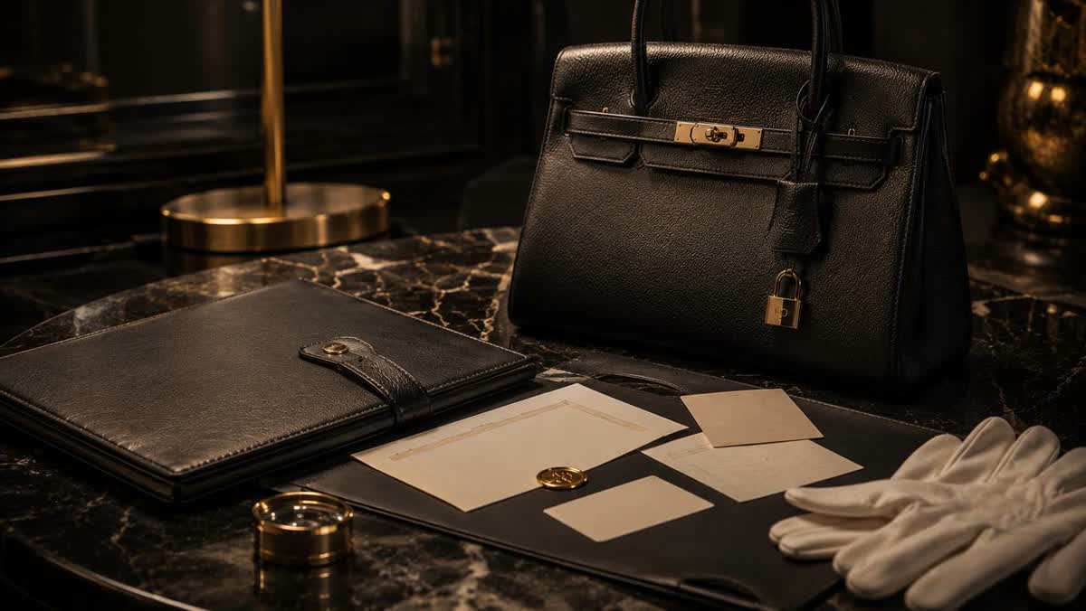 Luxury handbag with authentication dossier and gloves